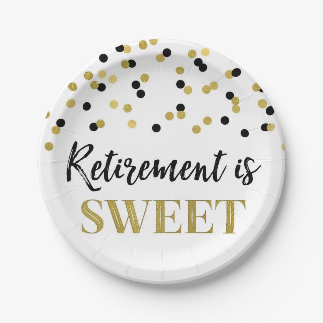 Black Gold Confetti Retirement is Sweet Paper Plate (Front)