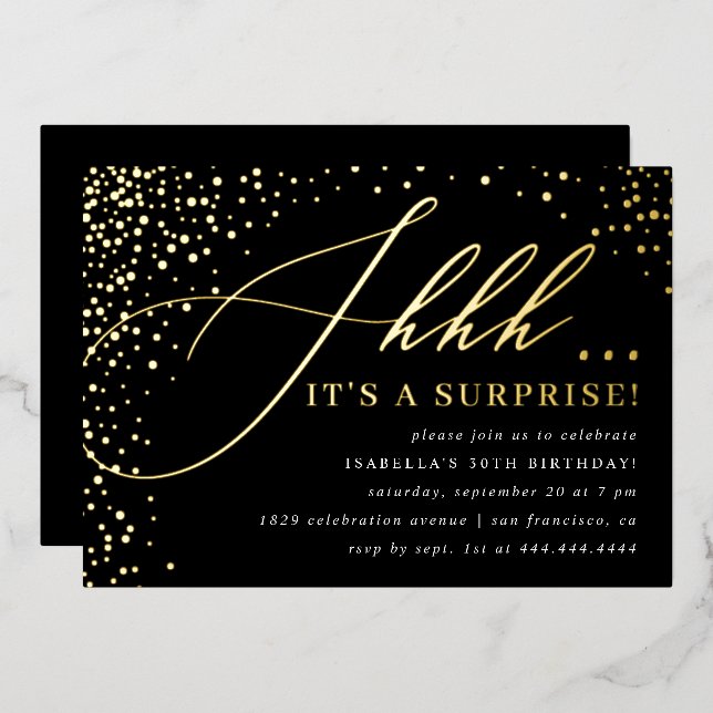 Black & Gold Confetti Script Surprise Party (Front/Back)