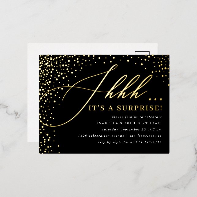 Black & Gold Confetti Script Surprise Party Foil Invitation Postcard (Front/Back)