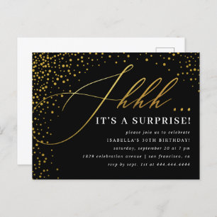 Black & Gold Confetti Script Surprise Party Invitation Postcard