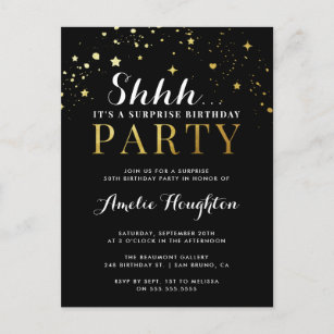 Black & Gold Confetti Shhh... Surprise Party Invitation Postcard