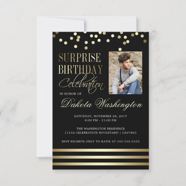 Black Gold Confetti Stripe Photo Surprise Birthday Invitation (Front)