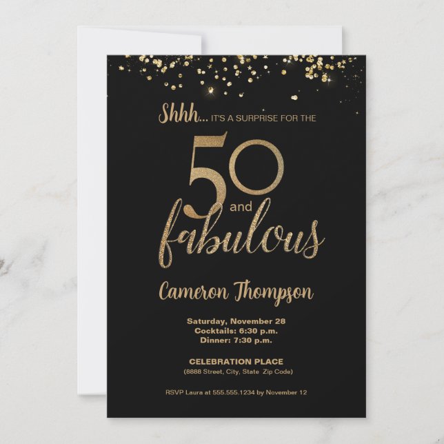Black Gold Confetti Surprise 50 and fabulous Invitation (Front)