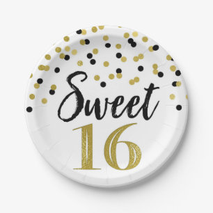 Black Gold Confetti Sweet 16 Birthday Party Paper Plate
