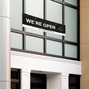 BLACK Gold confetti We're open for business Banner
