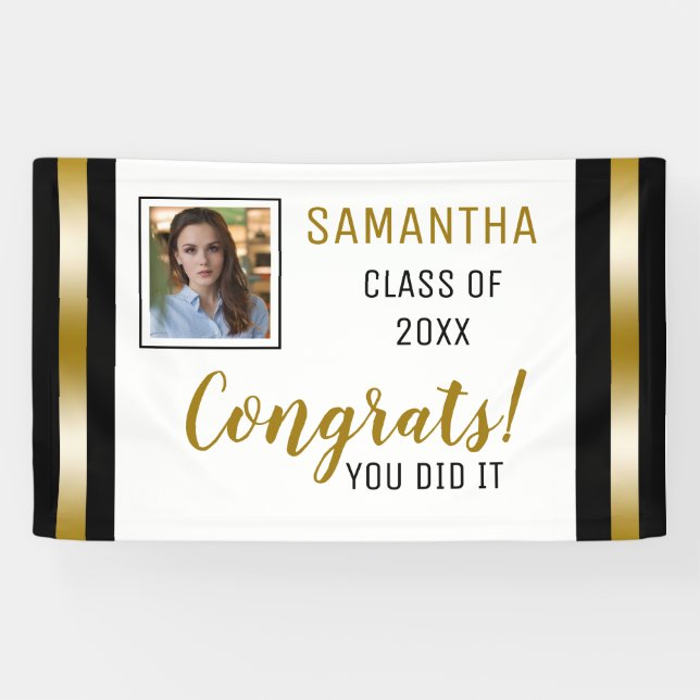 Black Gold Congrats Graduate Photo Graduation Banner (Horizontal)