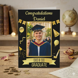 Black & Gold Congrats Graduation Card With Photo