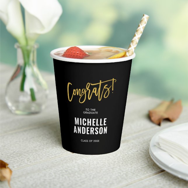Black Gold Congrats Graduation Party Paper Cups (Insitu)