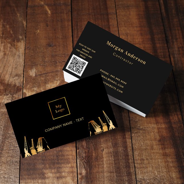 Black gold construction cranes contractor QR code Business Card (Creator Uploaded)