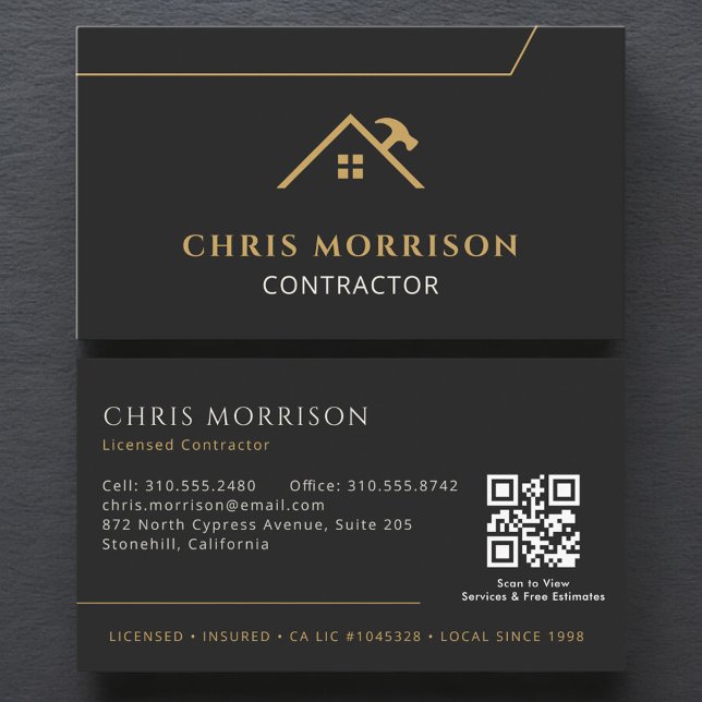 Black Gold Contractor Construction QR Code Business Card (Creator Uploaded)