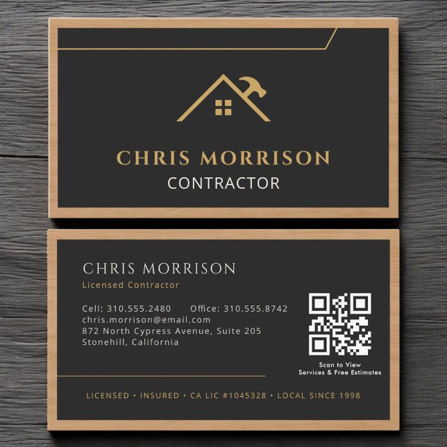 Black Gold Contractor Construction Wood QR Code Business Card (Creator Uploaded)