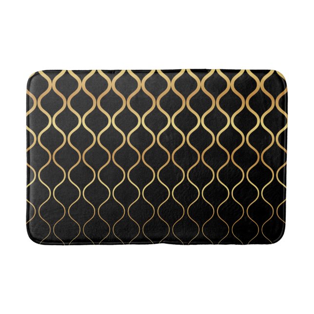 Black, gold, cool, trendy, retro abstract design bath mat (Front)