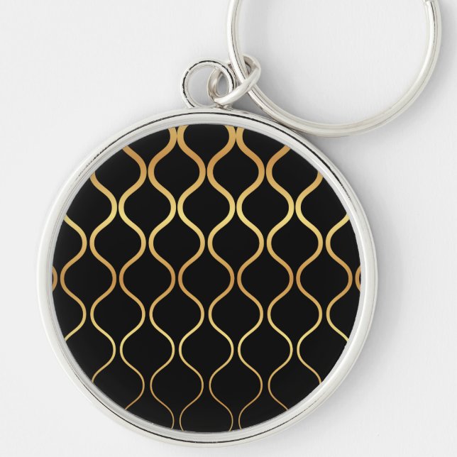Black, gold, cool, trendy, retro abstract design keychain (Front)