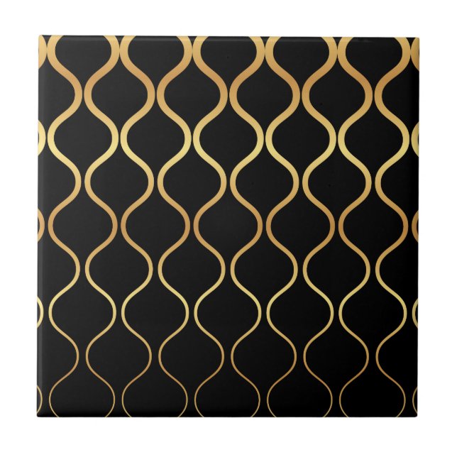 Black, gold, cool, trendy, retro abstract design tile (Front)