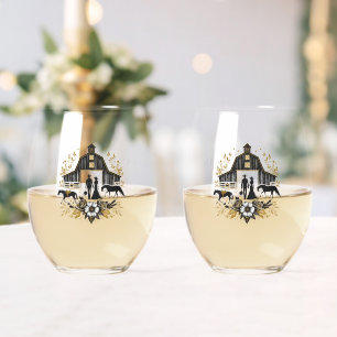 Black & Gold Country Wedding Stemless Wine Glass