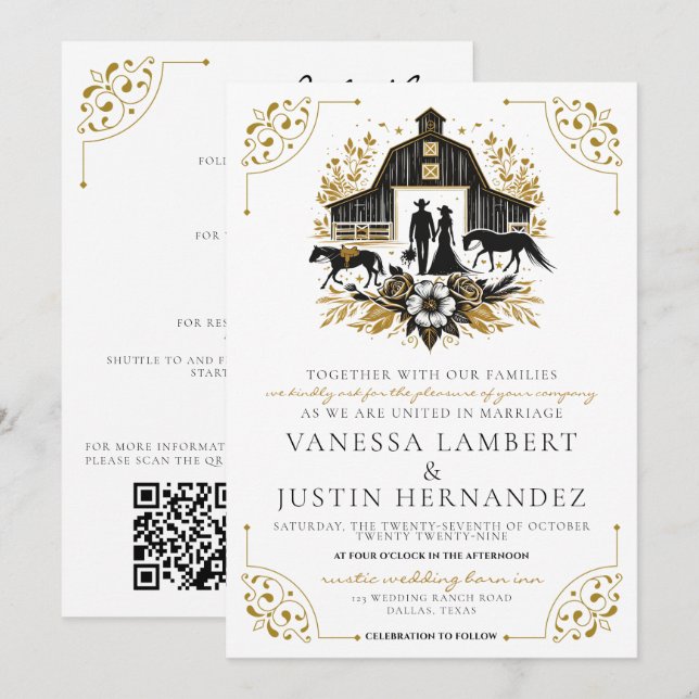 Black & Gold Country Wedding with QR Code Invitation (Front/Back)