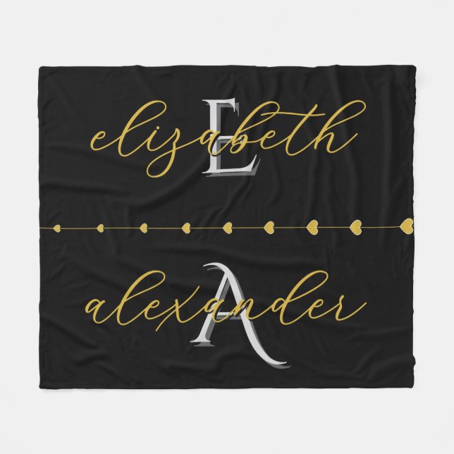 Black Gold Couple Initials Personalized Names Gift Fleece Blanket (Front (Horizontal))