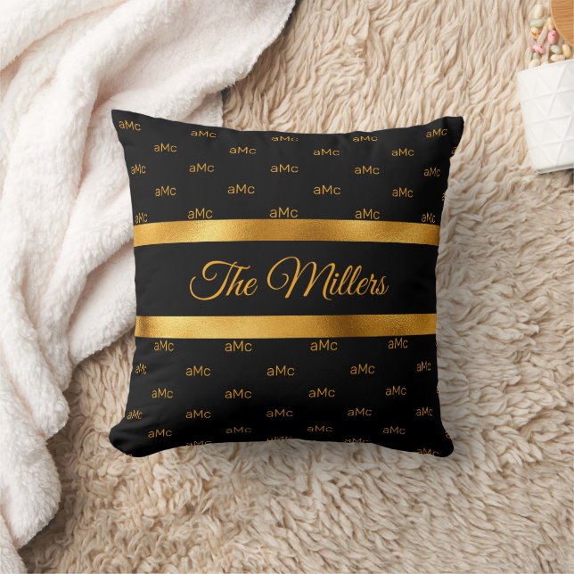 Black gold couple monogram pattern elegant throw pillow (Blanket)