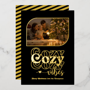 Black & Gold Cozy Vibes Retro Christmas Photo Foil Holiday Card