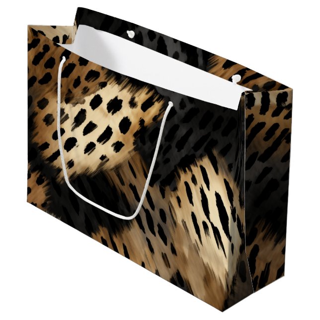 Black Gold Cream Leopard Animal Print Large Gift Bag (Front Angled)