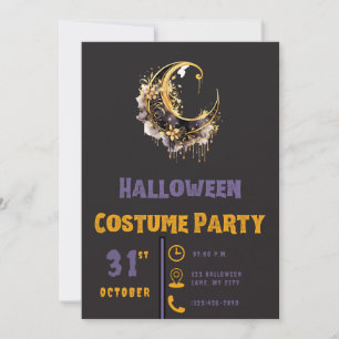 Black & Gold Crescent Moon Modern Black Halloween Invitation