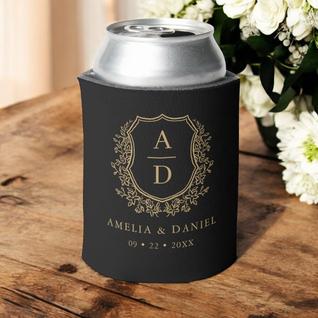 Black Gold Crest Modern Monogram Wedding  Can Cooler (Creator Uploaded)