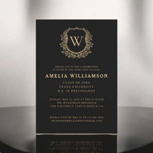Black Gold Crest Monogram Graduation Party Invitation