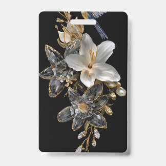 Black Gold Crystal Floral Name Badge |