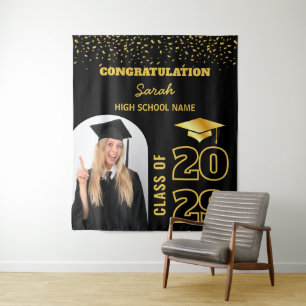 Black & Gold Custom Graduation Backdrop with Photo Tapestry