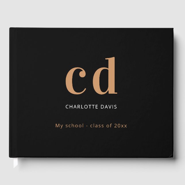Black gold custom monogram name modern minimalist guest book (Front)
