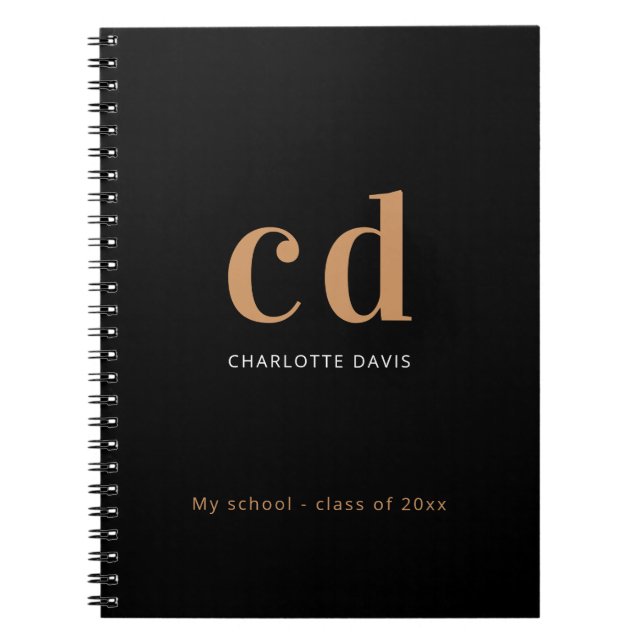 Black gold custom monogram name modern minimalist  notebook (Front)