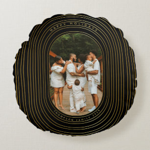 Black Gold Custom Photo Family Christmas Round Pillow