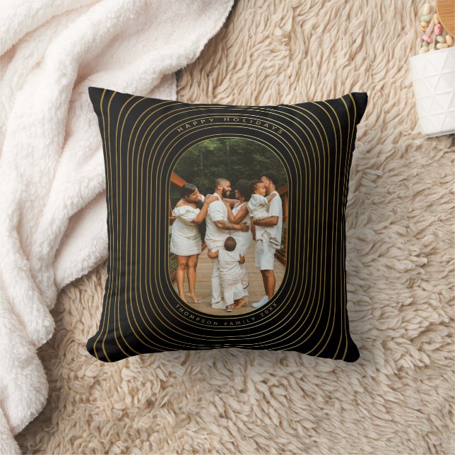 Black Gold Custom Photo Family Christmas Throw Pillow (Blanket)