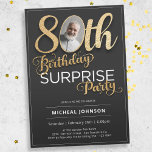 Black Gold Custom Photo Surprise 80th Birthday Invitation<br><div class="desc">Black Gold Custom Photo Surprise 80th Birthday Invitation. This invitation features a sleek design with clear, easy-to-read text, ensuring that all the important details are conveyed effortlessly. The addition of faux foil accents in dazzling gold against a backdrop of black creates a striking visual effect, adding a touch of luxury...</div>