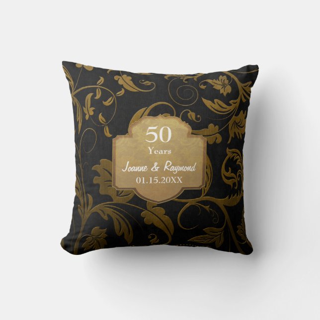 Black & Gold Damask 50th Wedding Anniversary 2c Throw Pillow (Front)