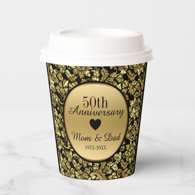 Black & Gold Damask- 50th Wedding Anniversary Pape Paper Cups (Front)