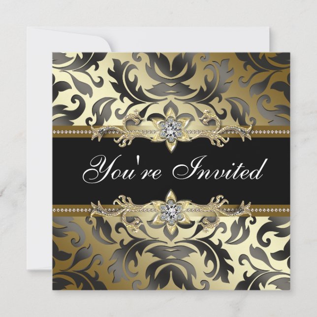 Black Gold Damask All Occasion Party Invitations (Front)