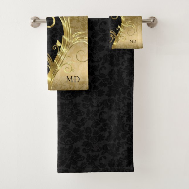 Black & Gold Damask Bath Towel Set (Insitu)