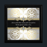 Black Gold Damask Bible Verse Gift Box<br><div class="desc">Black damask keepsake gift box. Black gold keepsake gift boxes. Elegant black gift boxes. Black damask gold gift boxes. Black gold jewellery box. Bible verse gifts. Religious gifts. Beautiful black & gold damask with customizable bible verse on the front. Beautiful as is, or you can add your details to the...</div>