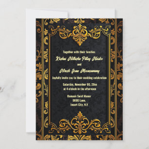 Black gold damask brocade elegant ornate wedding invitation