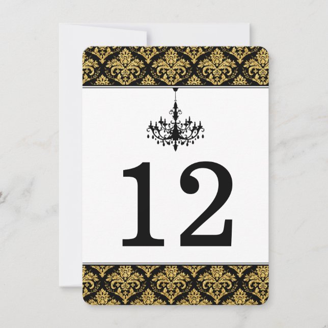 Black, Gold Damask, Chandelier Table Number Card (Front)