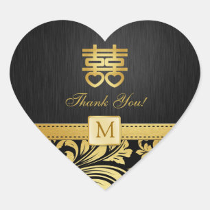 Black & Gold Damask Chinese Double Happiness Heart Sticker