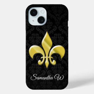 Black/Gold Damask Fleur de Lis iPhone 15 Case