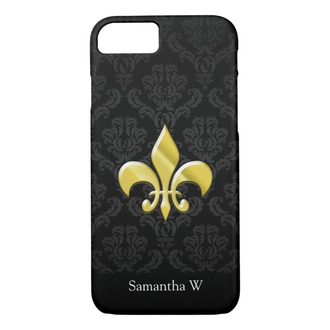 Black/Gold Damask Fleur de Lis Case-Mate iPhone Case (Back)