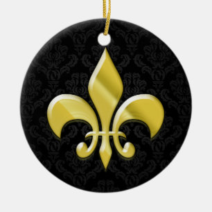 Black/Gold Damask Fleur de Lis Ceramic Ornament