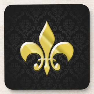 Black/Gold Damask Fleur de Lis Coaster
