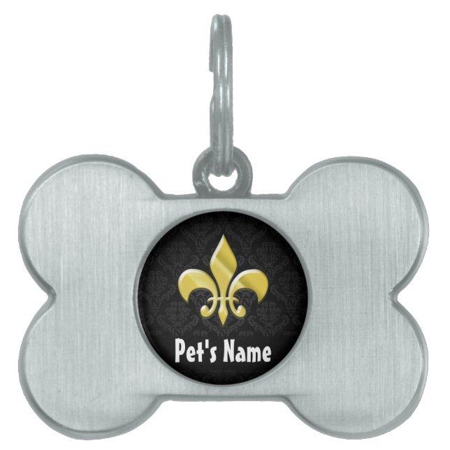 Black/Gold Damask Fleur de Lis Pet Tag (Front)