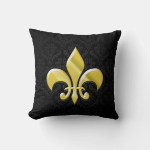 Black/Gold Damask Fleur de Lis Throw Pillow