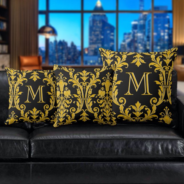 Black & Gold Damask Floral Swirls Monogram Throw Pillow (Creator Uploaded)
