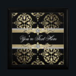 Black Gold Damask Keepsake Gift Box<br><div class="desc">Elegant black and gold damask jewellery box. Add your own text to personalize. This is a printded designw ith no real foinl, jewels, etc.</div>